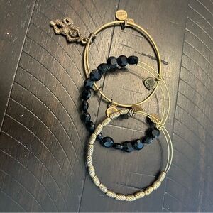Alex and Ani Gold-tone and Black Beaded Bangle and Monkey Bangle Bracelet Set